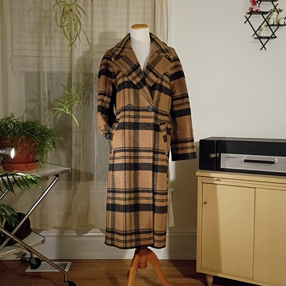 River Island Tan and Black Checkered Coat